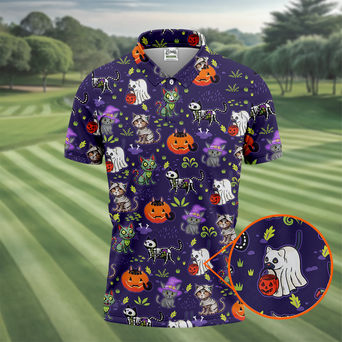 Purple Halloween Cats And Pumpkin Fun Men's Golf Polos, Cute Golf Outfit, Polo ShirtFor Men