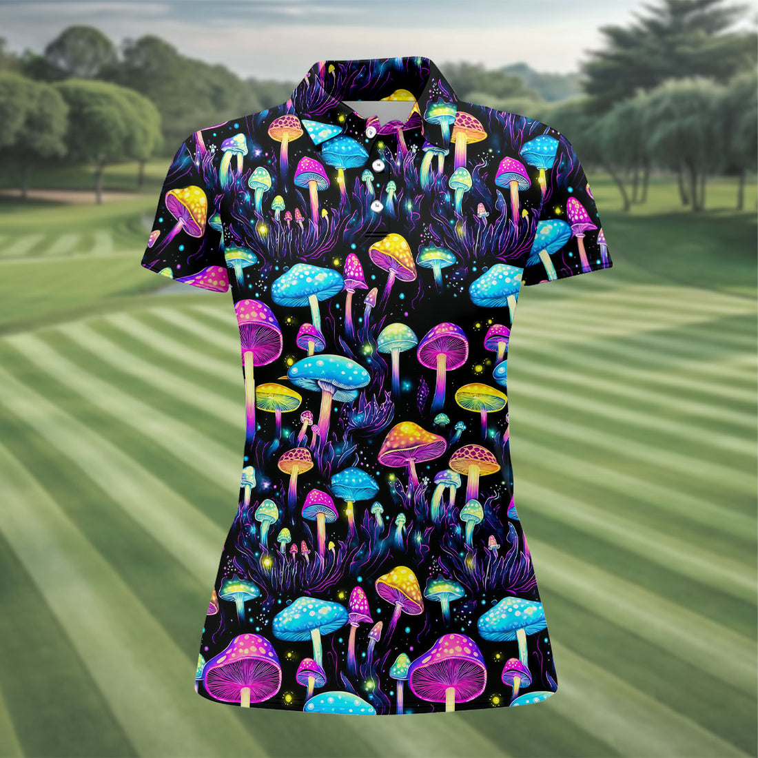 Colorful Neon Mushroom Fantasy Forest Golf Shirt, Women’s Golf Polo, Golf Tops For Women, Printed Golf Shirt