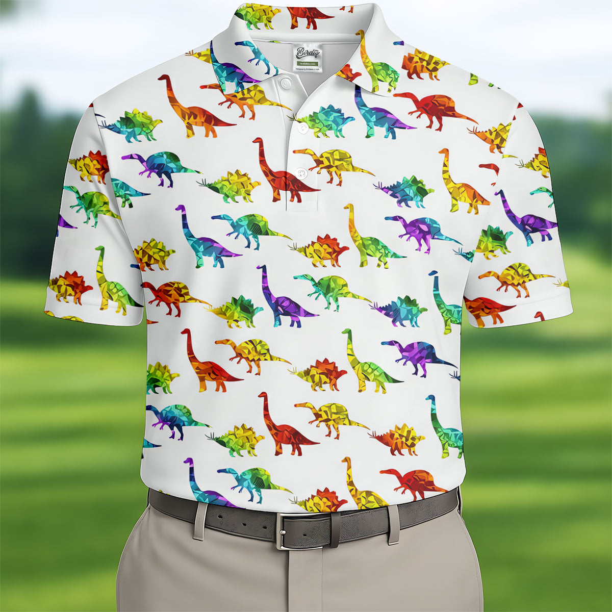 Colorful Dinosaur White Golf Shirt, Golf Tops For Men, Golf Shirts For Men, Polo ShirtFor Men