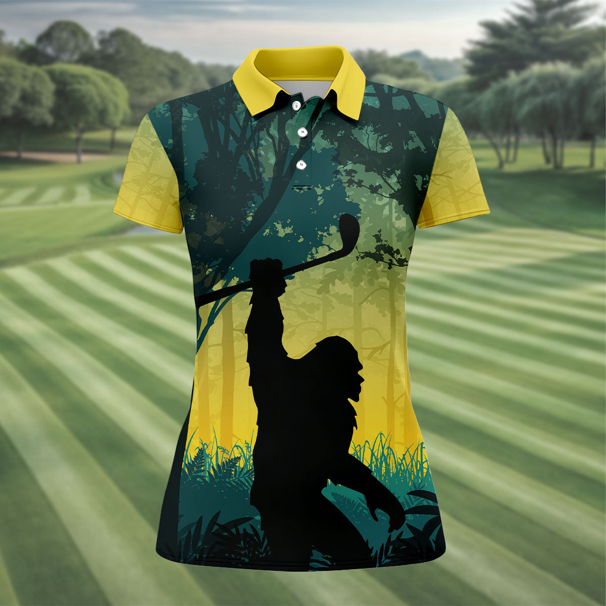 Bigfoot Golfer Forest Silhouette Polo Shirt, Women’s Golf Polo, Women’s Golf Apparel