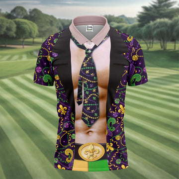 Mardi Gras Purple Green Gold Fleur De Lis Funny Costume Golf Shirts For Men, Men's Funny Golf Shirts