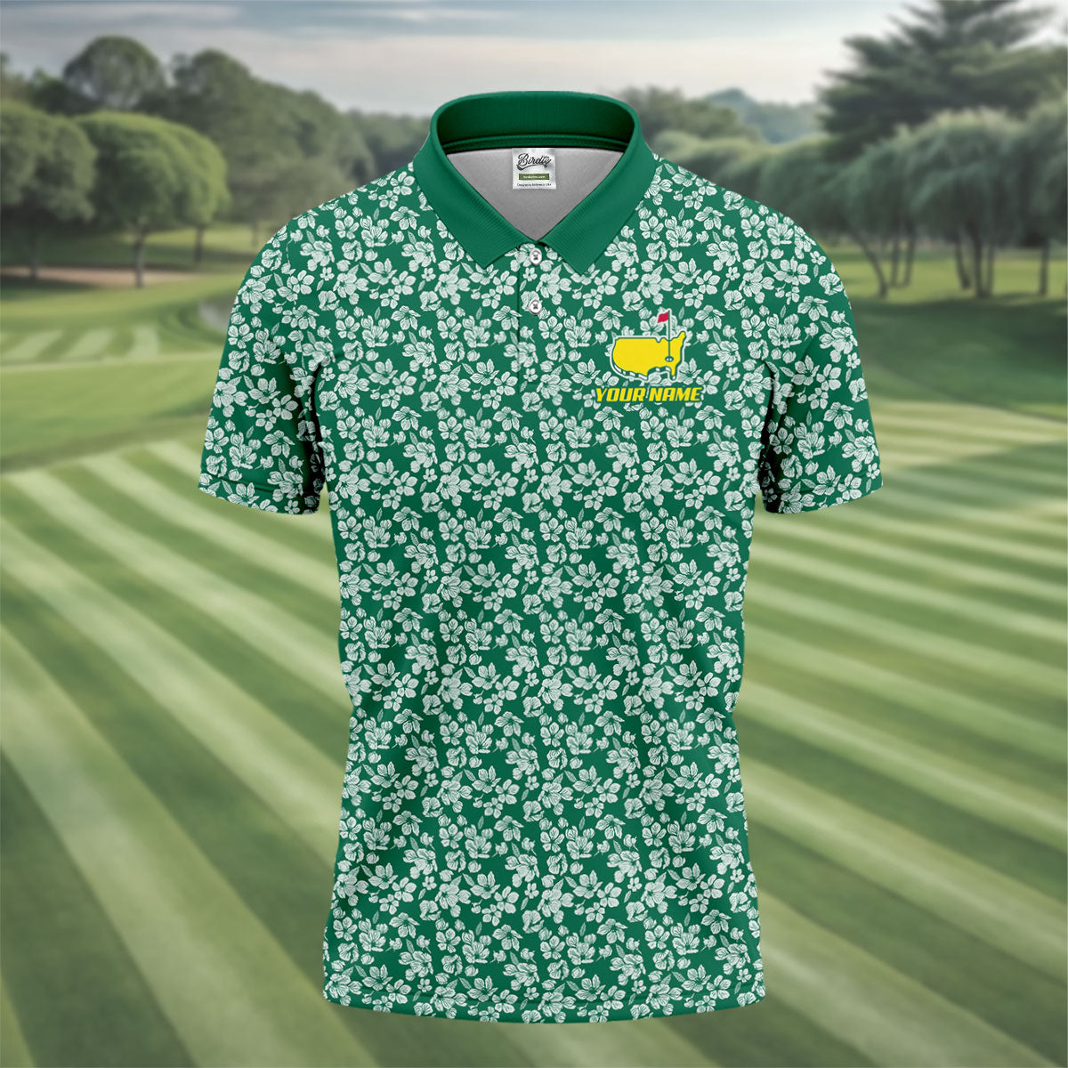Floral Silhouette Green And White Golf Tops For Men, Golf Shirts For Men, Polo ShirtFor Men