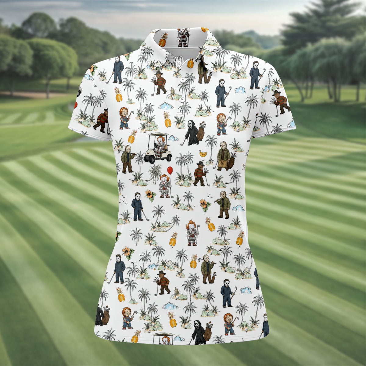 Mini Horror Character Halloween Golf Shirt, Women's Golf Apparel, Golf Polo For Women