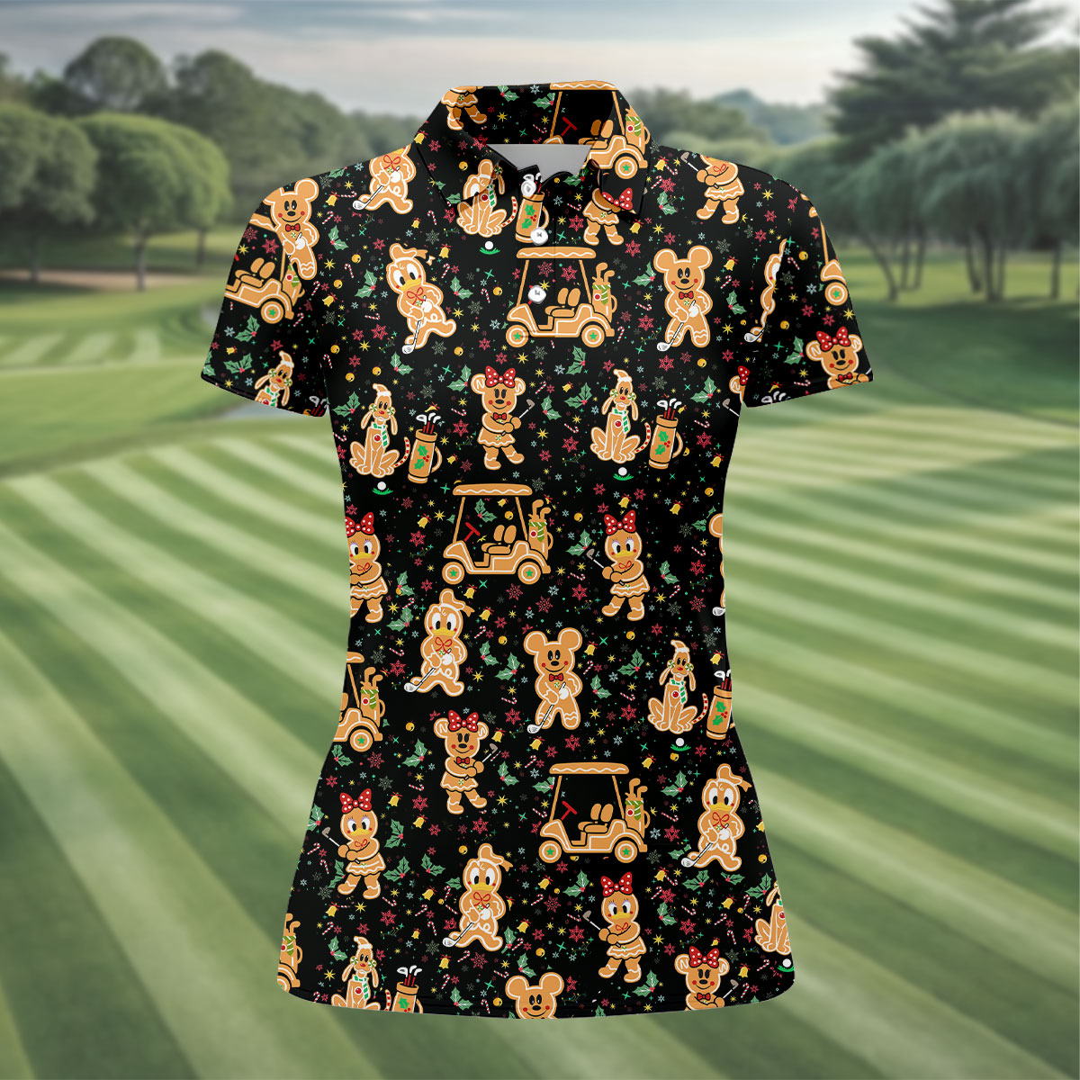 Cartoon Gingerbread Black Golf Shirt, Christmas Golf Shirt, Ladies Golf Shirts, Women's Polo Shirt