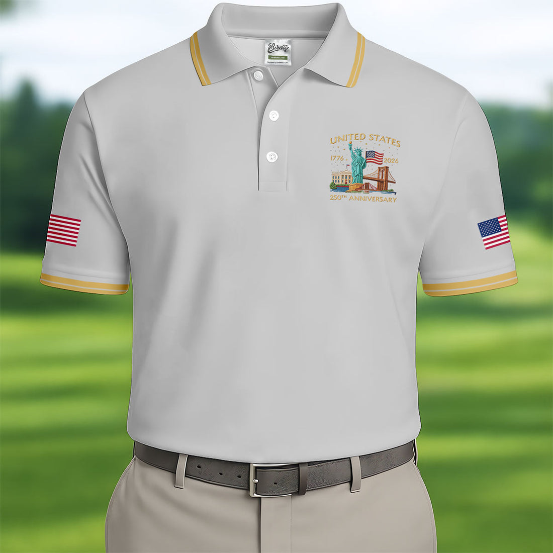 American Symbols Grey Patriotic Golf Shirt, US 250 Years 4th Of July Golf Shirts For Men