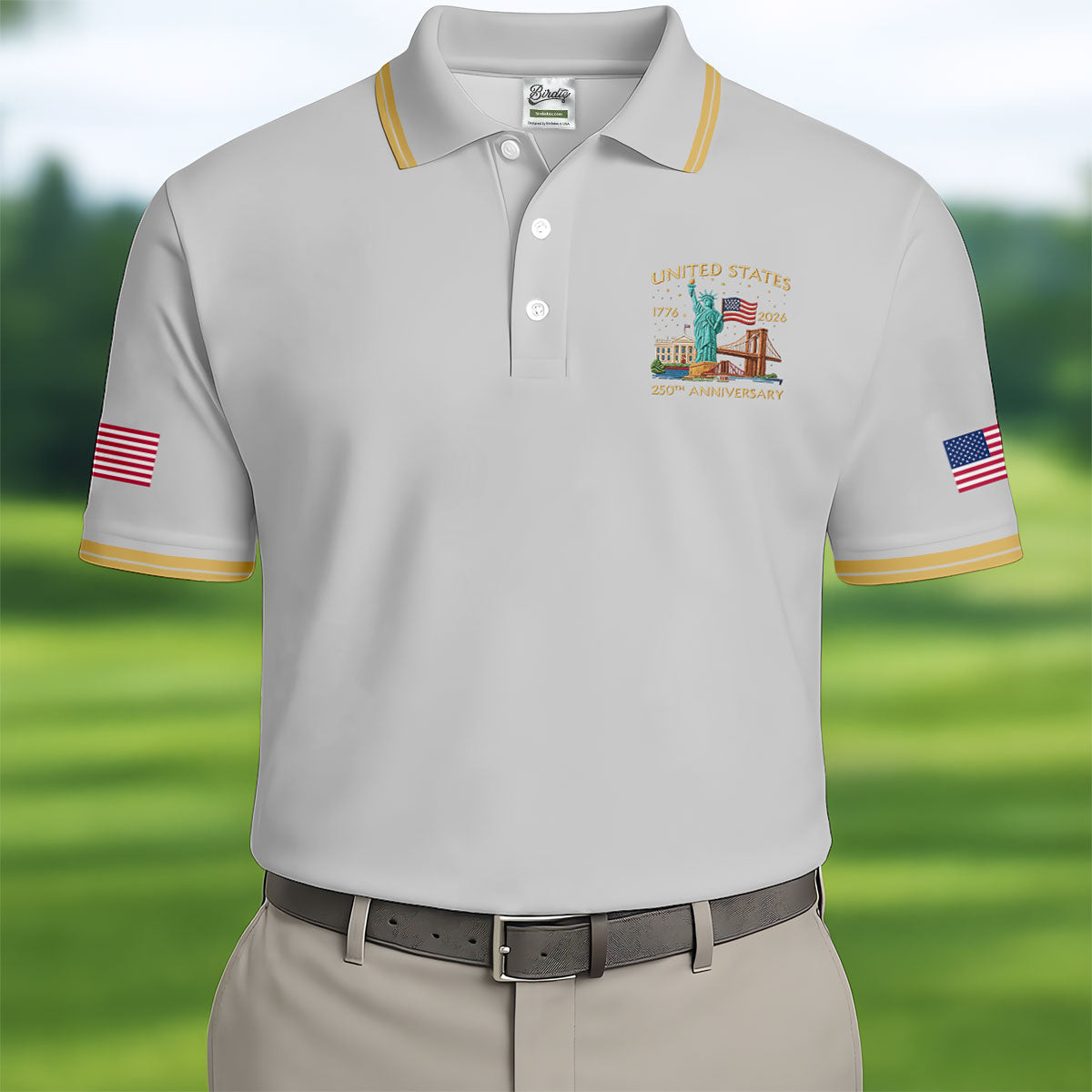 American Symbols Grey Patriotic Golf Shirt, US 250 Years 4th Of July Golf Shirts For Men