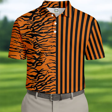 Orange Tiger Stripe Split Pattern Golf Shirt, Mens Golf Polo, Golf Apparel For Men, Golf Polo Shirts For Men