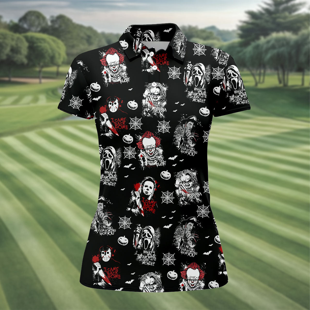 Funny Horror Character Women's Golf Polo ShirtScary Movie Shirt, Fun Golf Polo ShirtFunny Halloween Gift