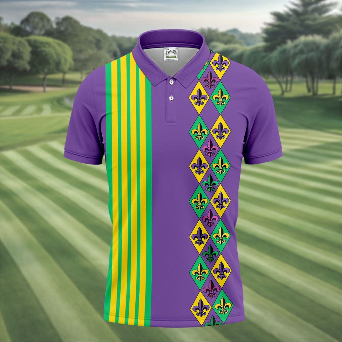 Fleur De Lis Argyle Pattern Purple Green Gold Stripes Golf Tops For Men, Polo ShirtFor Men, Golf Shirts For Men