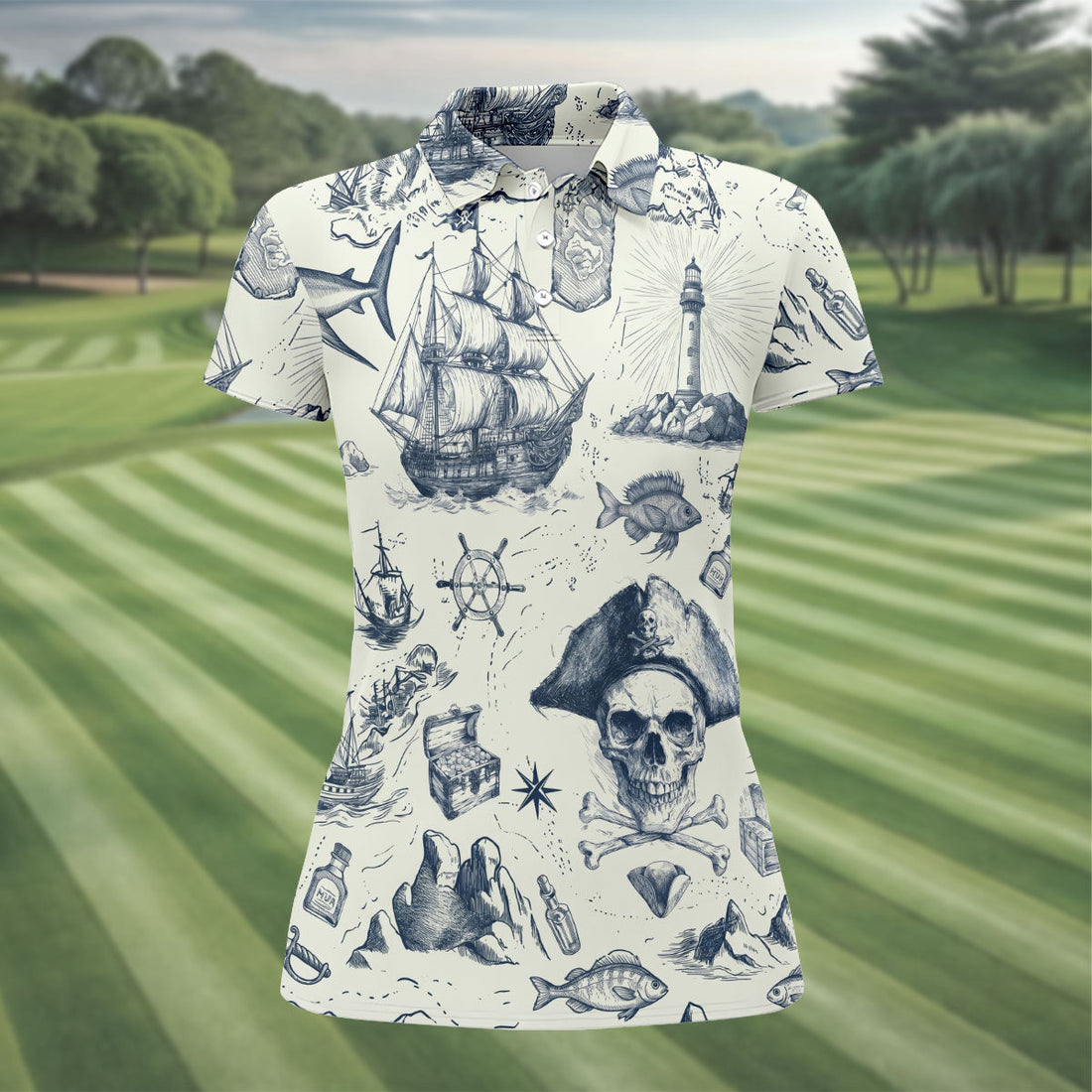 Ivory Vintage Pirate Map Pattern Golf Shirt, Women's Golf Shirt, Hawaiian Golf Shirt, Golf Polo For Women