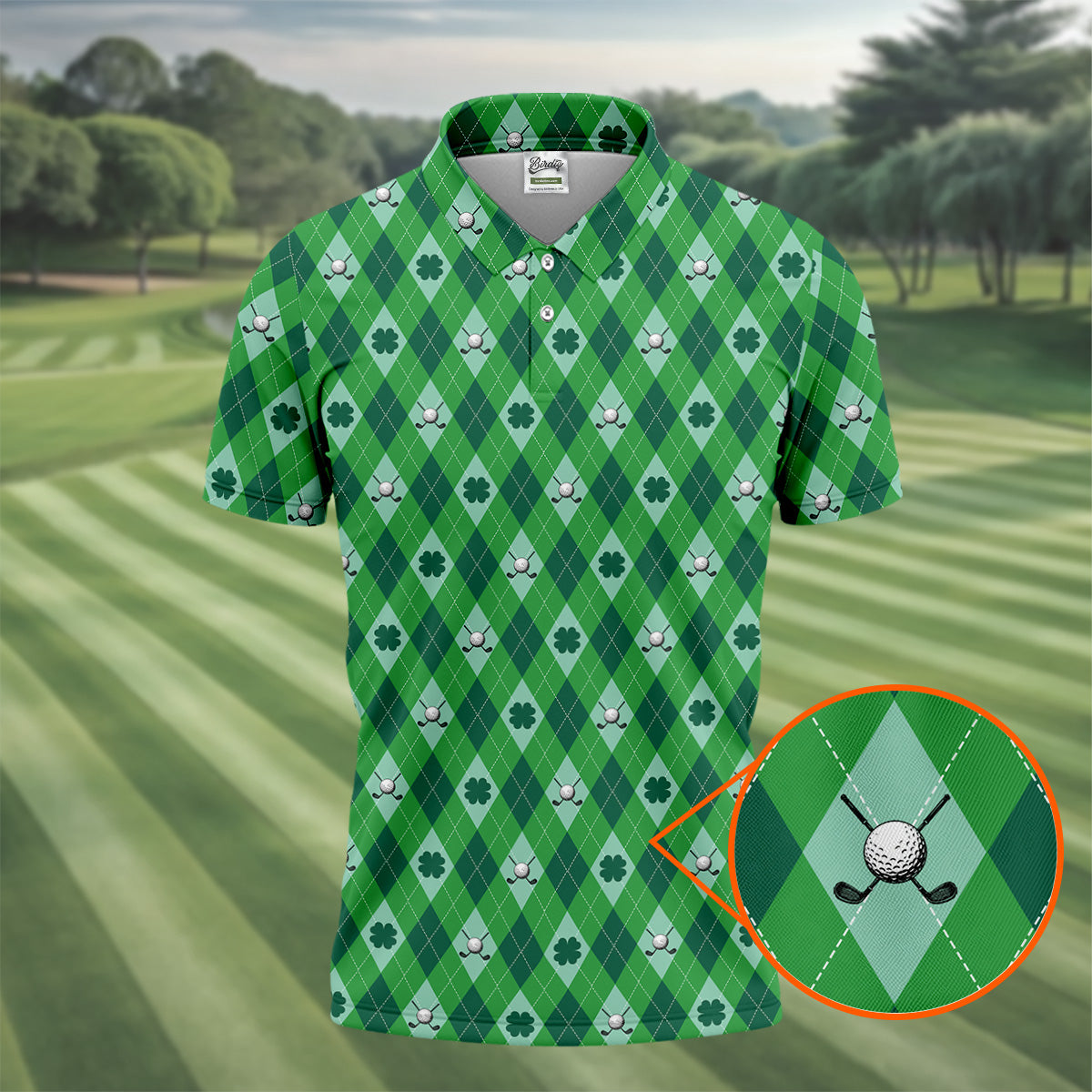 Lucky Four Leaf Clover Golf Ball Pattern Argyle Pattern St Patrick's Day Golf Shirt, Polo ShirtFor Men