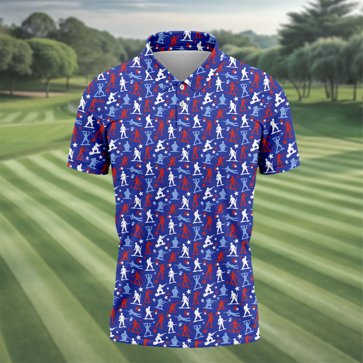 Red White Blue Soldier Pose Patriotic 4th Of July Golf Shirt, 250th Anniversary Golf Shirts For Men