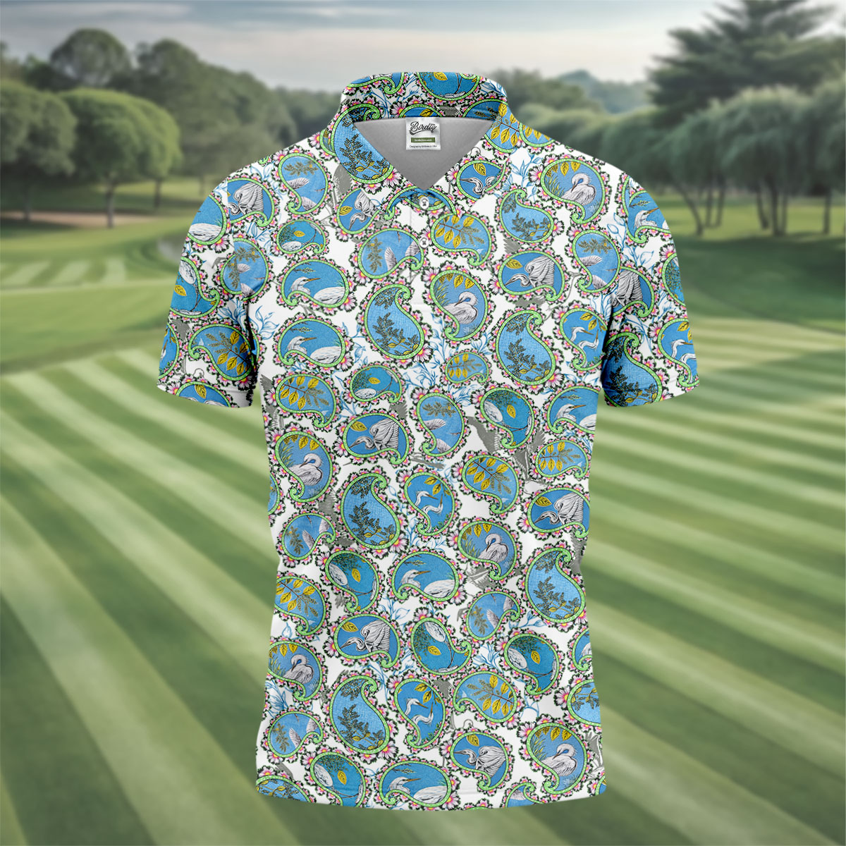 Paisley Flowers Heron Painting Print Golf Shirt, Polo Shirtor Men, Golf Shirts For Men