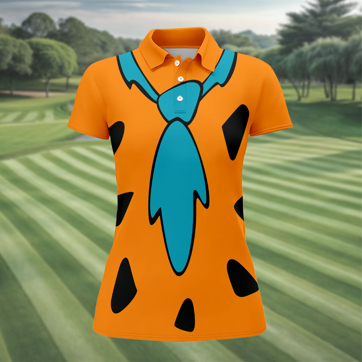 Orange Blue Stone Age Hawaiian Golf Shirt, Women’s Golf Apparel, Golf Shirts For Women