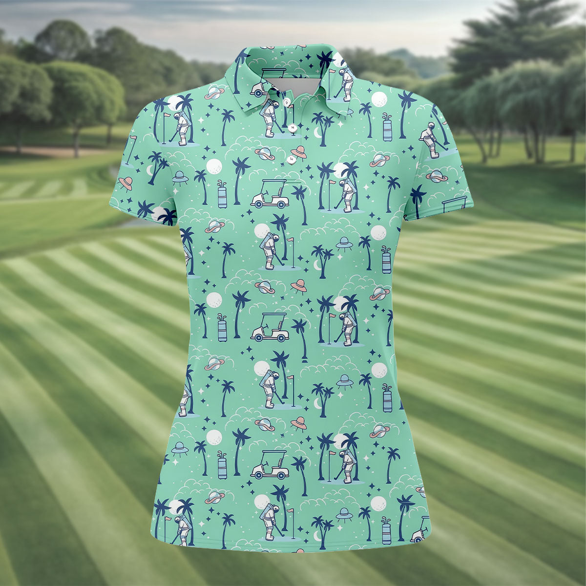 Astronaut Golfing Space Themed Tropical Golf Shirt, Women's Golf Tops, Ladies Golf Shirt