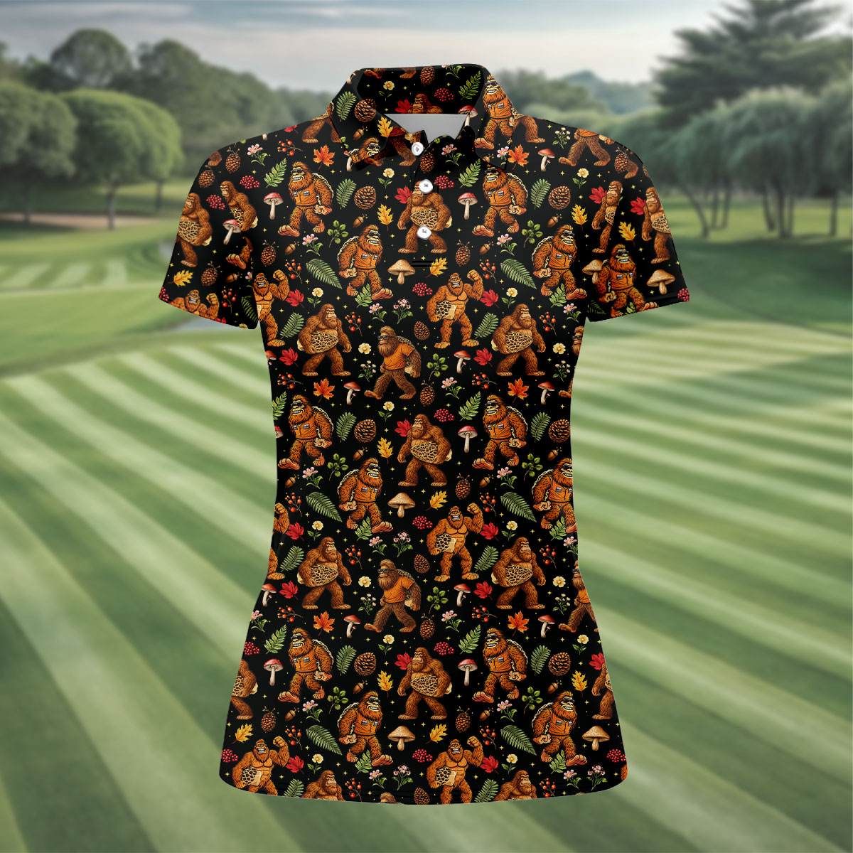 Autumn Bigfoot Forest Pattern Polo Shirt, Women’s Golf Apparel, Hawaiian Golf Shirt, Golf Tops For Women