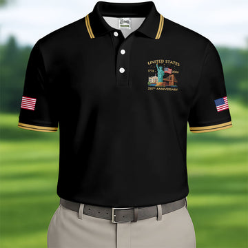 American Symbols Black Patriotic Golf Shirt, US 250 Years 4th Of July Golf Shirts For Men