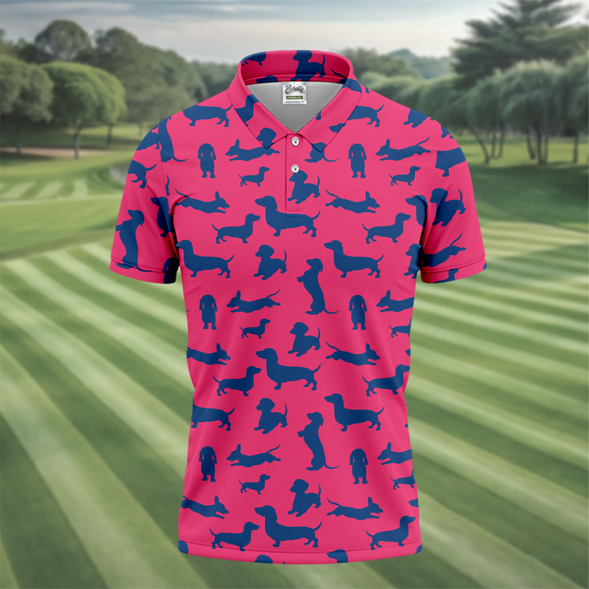 Funny Dachshund Pink And Navy Cute Golf Shirt, Men's Funny Golf Shirts, Golf Shirts For Men