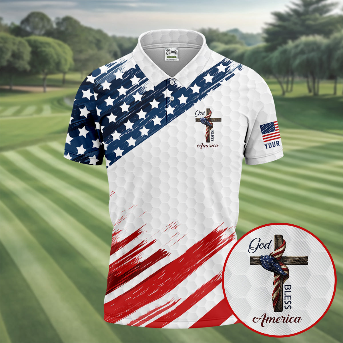 God Bless America Faith Cross US Flag Brush White Golf Shirt, Patriotic 4th Of July Golf Shirts For Men
