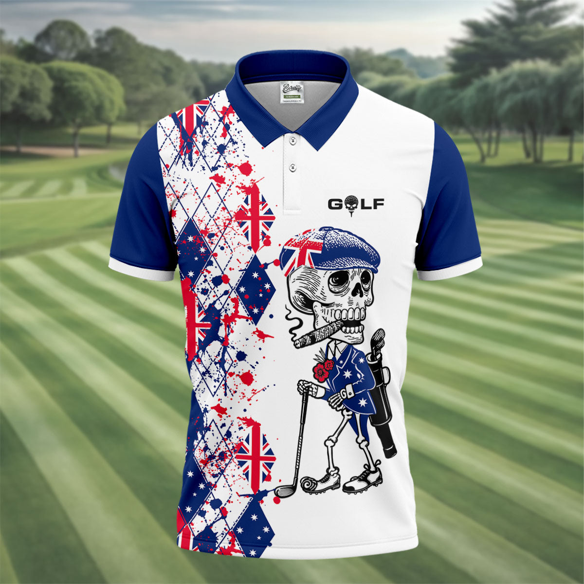 Swing Swear Look For Ball Repeat Australia Flag Print Skeleton Golfer Argyle Golf Shirt, Polo Shirtor Men