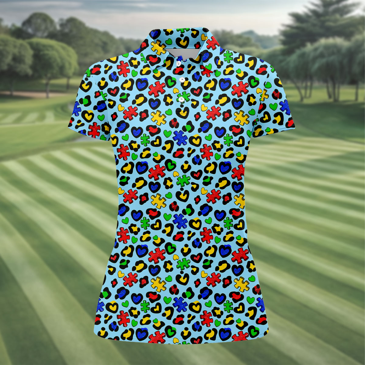 Autism Awareness Color Leopard Pattern Blue Golf Shirt, Women's Golf Tops, Ladies Golf Shirts, Ladies Golf Polos