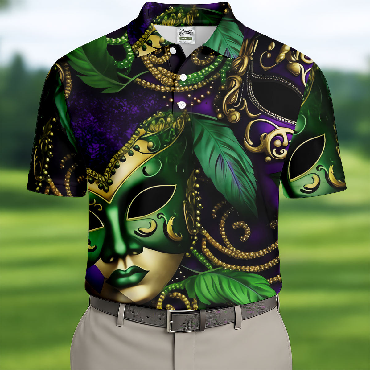Purple Green Gold Carnival Mask Feather Print Mardi Gras Golf Shirt, Polo ShirtFor Men, Golf Shirts For Men