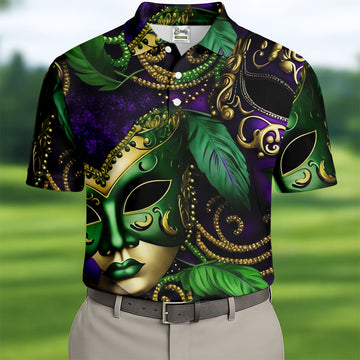 Purple Green Gold Carnival Mask Feather Print Mardi Gras Golf Shirt, Polo ShirtFor Men, Golf Shirts For Men