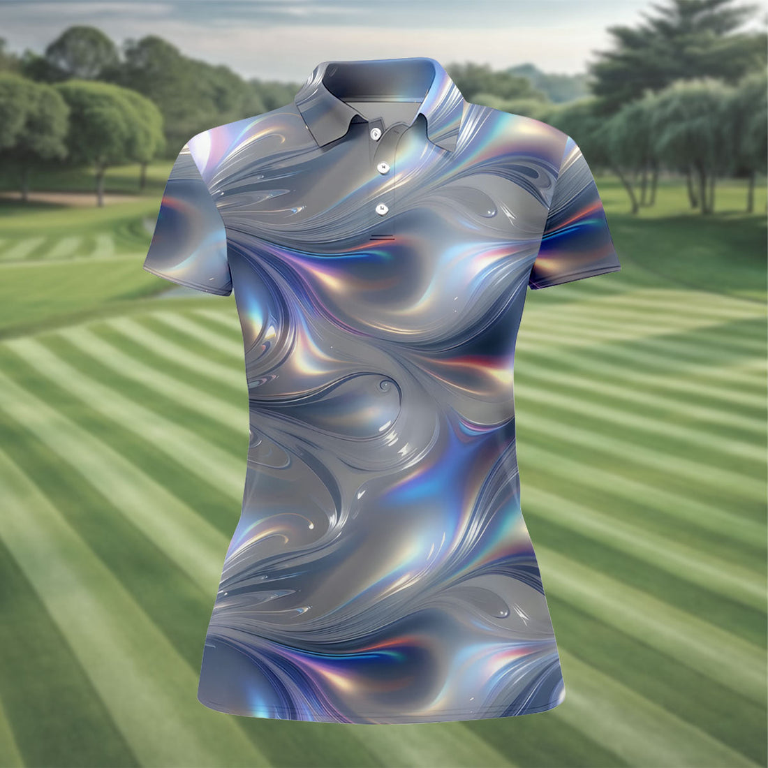 Silver Marble Golf Shirt, Futuristic Holographic Wave Pattern, Golf Shirt For Women
