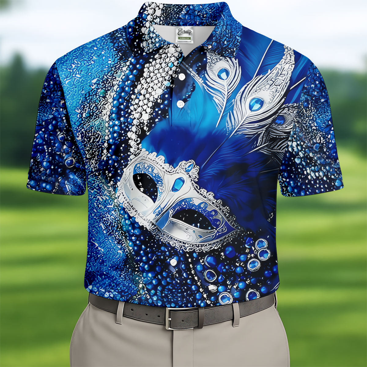 Mardi Gras Masquerade Mask Feather Beads Blue Golf Shirt, Polo ShirtFor Men, Golf Shirts For Men