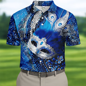 Mardi Gras Masquerade Mask Feather Beads Blue Golf Shirt, Polo ShirtFor Men, Golf Shirts For Men