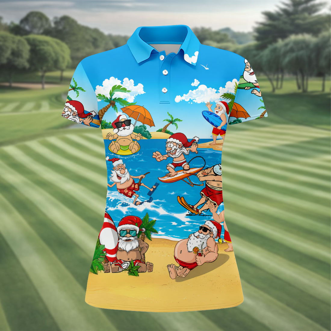 Santa Claus Summer Beach Party Golf Shirt, Golf Polo For Women, Printed Golf Shirt
