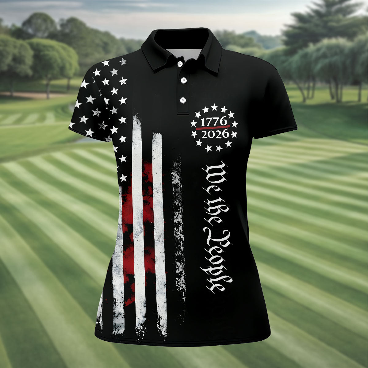 We The People Distressed Flag Patriotic Black Golf Shirt, 250 Years 4th Of July Golf Shirt For Women