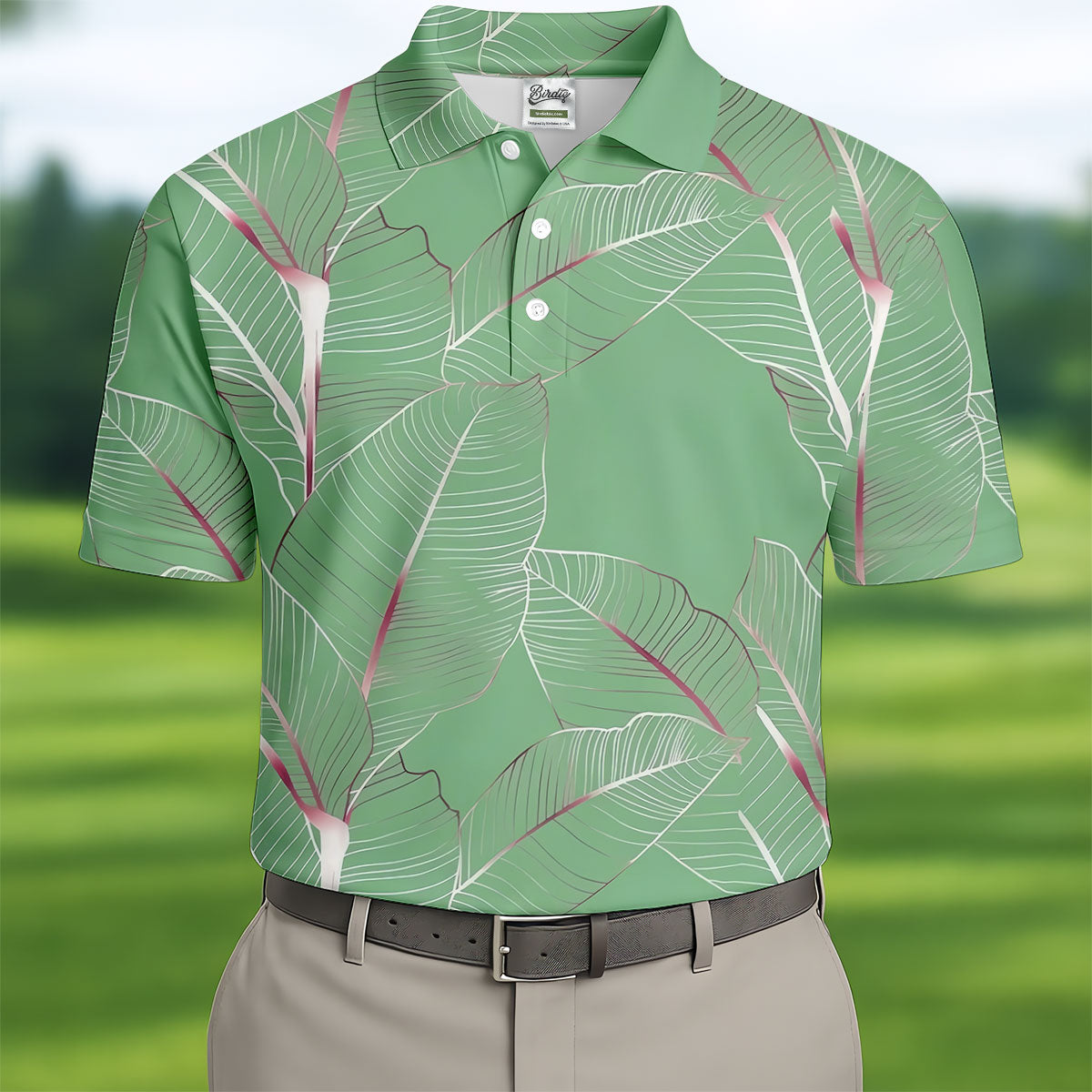 Tropical Leaves Green Golf Shirt, Summer Hawaiian Golf Shirt, Golf Shirts For Men