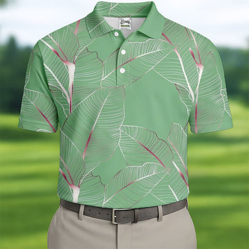 Tropical Leaves Green Golf Shirt, Summer Hawaiian Golf Shirt, Golf Shirts For Men