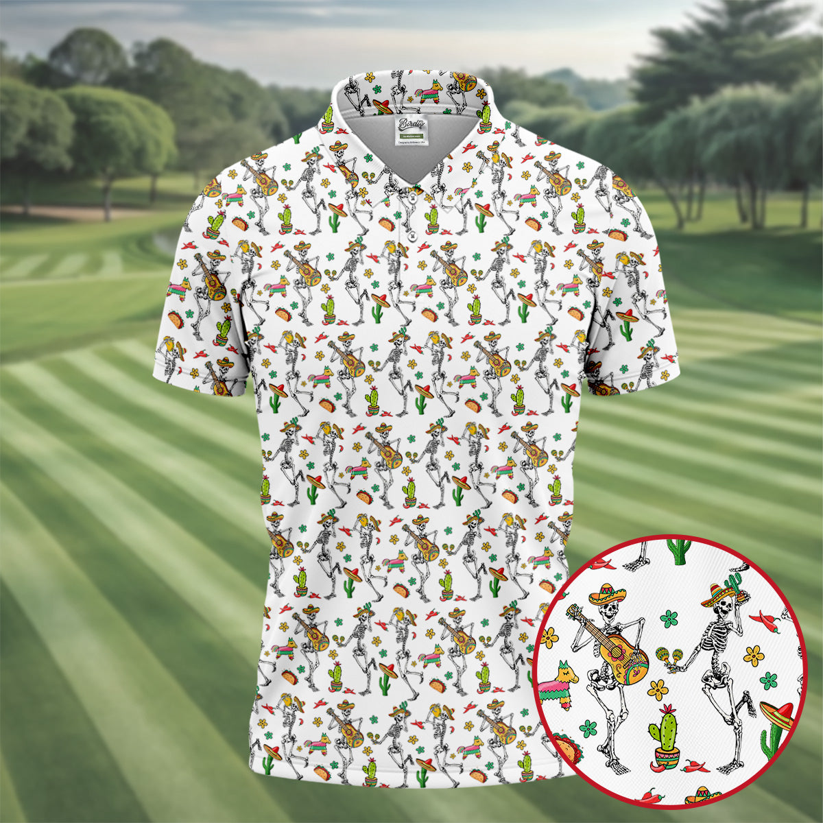 Dia De Muertos Skeletons Cinco De Mayo Celebration Fiesta Themed White Golf Shirts For Men