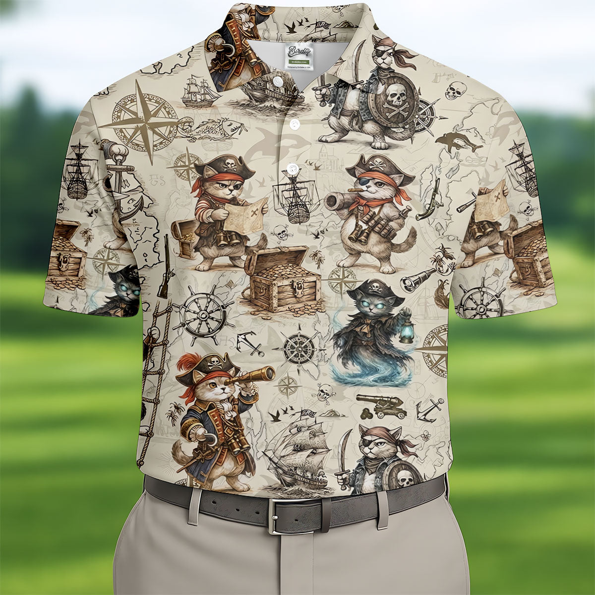 Vintage Pirate Cat Treasure Map Adventure Golf Shirt, Mens Polo Shirt, Hawaiian Golf Shirt, Golf Shirts For Men