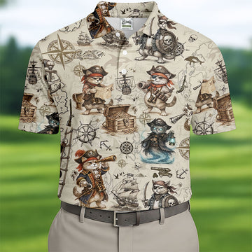 Vintage Pirate Cat Treasure Map Adventure Golf Shirt, Mens Polo Shirt, Hawaiian Golf Shirt, Golf Shirts For Men