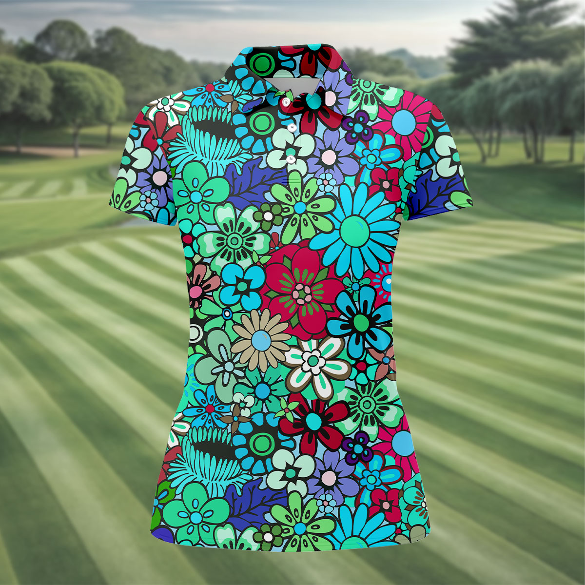 Blue Green Retro Flower Power Golf Shirt, Women’s Golf Polo, Hawaiian Golf Shirt, Golf Tops For Women