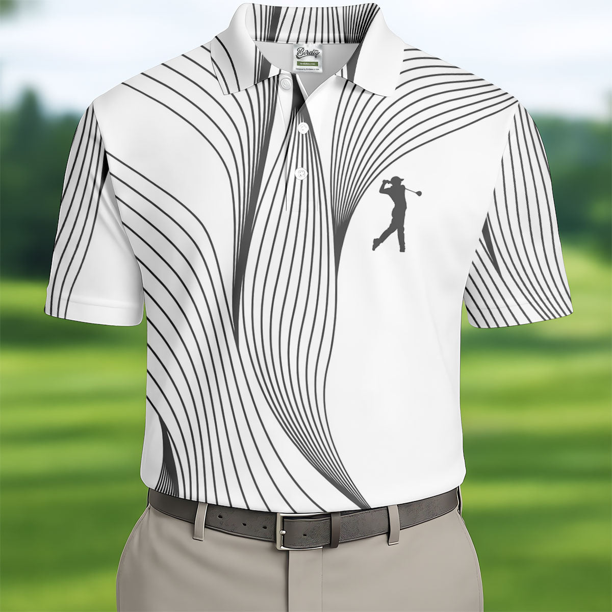Geometric Line Wavy Line Black And White Golf Shirts For Men, Men's Golf Shirt, Polo ShirtFor Men