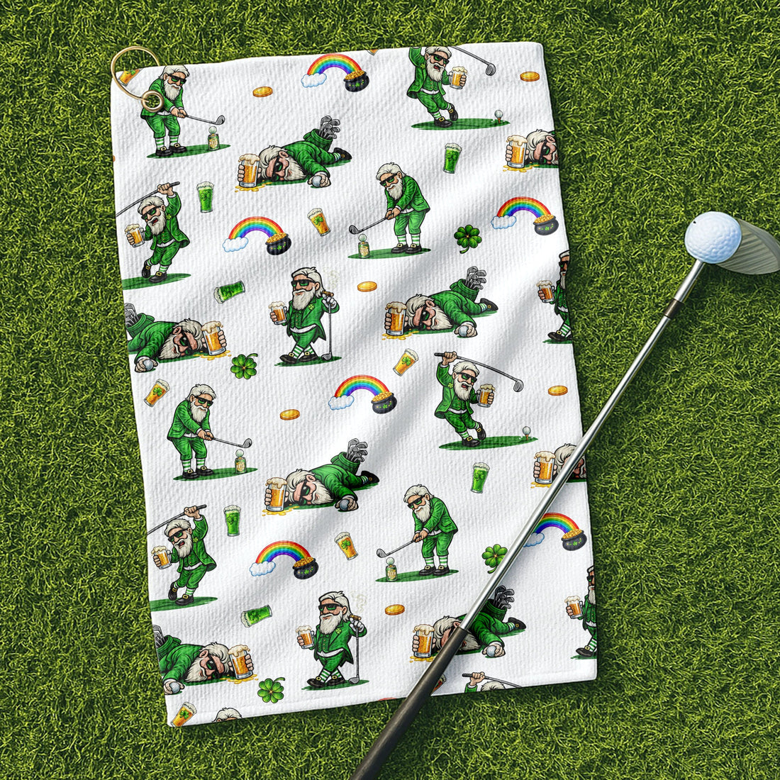St. Patrick's Day Leprechaun Golf Towel White With Beer And Lucky Shamrock, Golf Towel, Funny Golf Gift