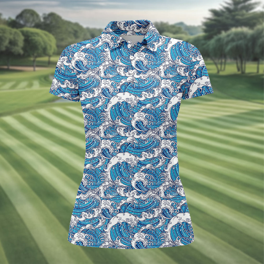 Blue Ocean Wave Pattern Golf Shirt, Women’s Golf Tops, Golf Shirts For Women, Printed Golf Shirt