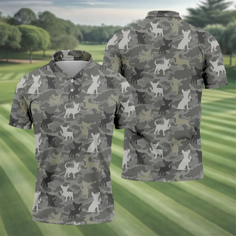 Grey Camo Chihuahua Dog Pattern Golf Shirt, Mens Polo Shirt, Golf Shirts For Men, Performance Golf Shirt