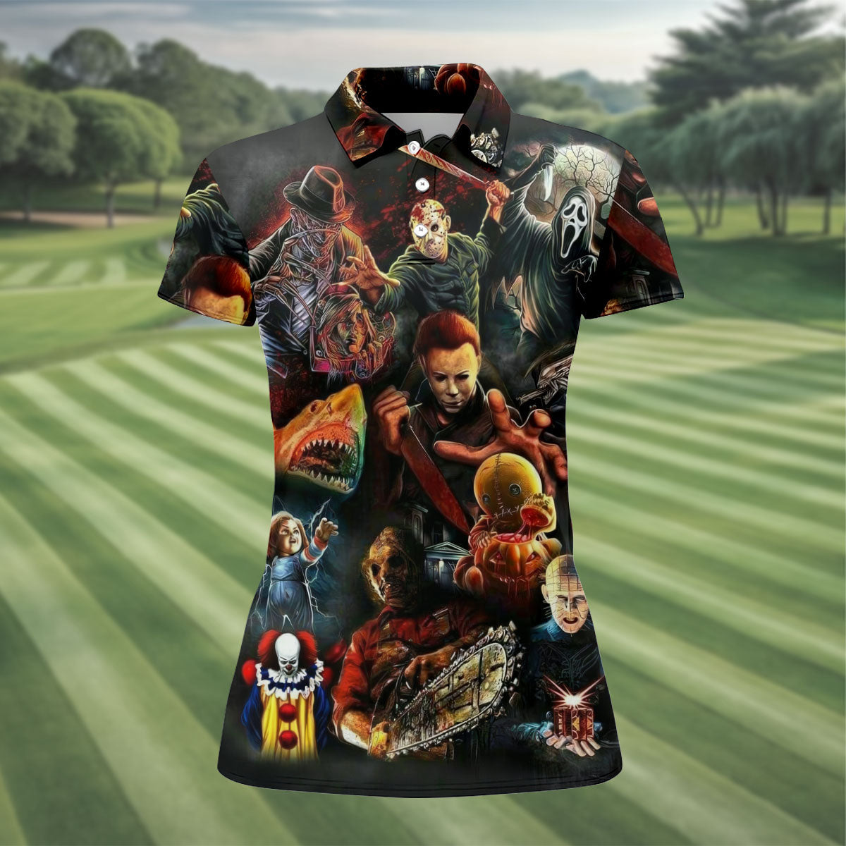 Halloween Horror Character Collage Golf Shirt, Women's Golf Polo, Printed Golf Shirt
