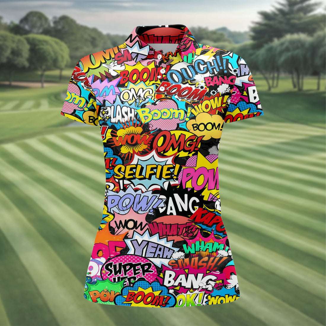 Comic Pop Art Golf Shirt, Retro Speech Bubble Pattern, Polo Shirts For Women