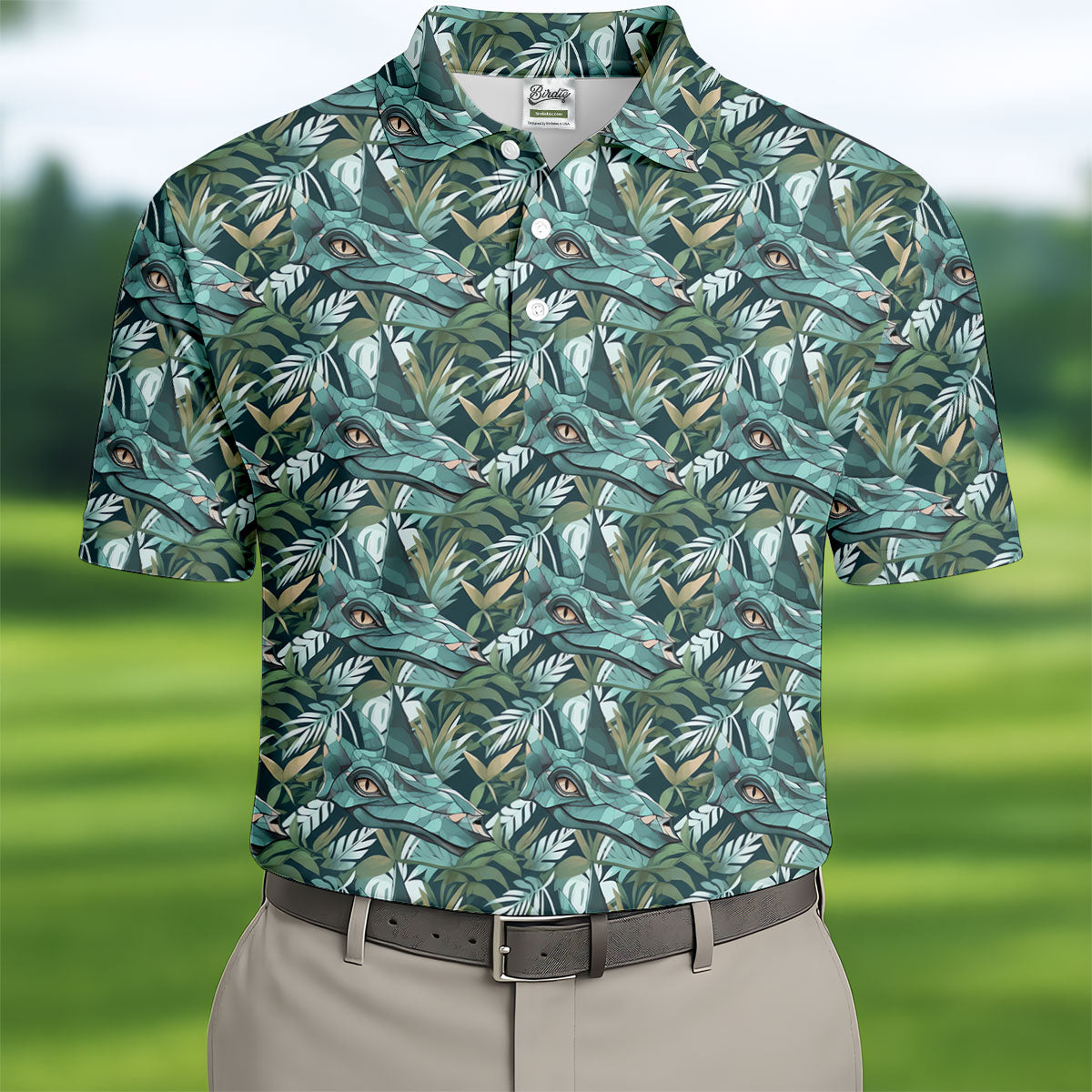Dinosaur Head Tropical Vibe Golf Tops For Men, Polo ShirtFor Men, Golf Shirts For Men
