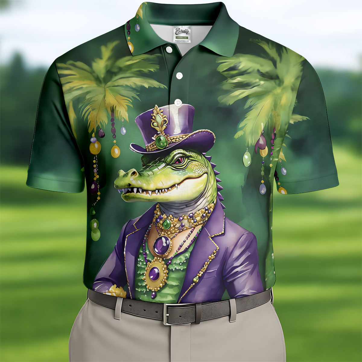 Mardi Gras Alligator Decorated Palm Tree Print Golf Shirt, Polo ShirtFor Men, Golf Shirts For Men