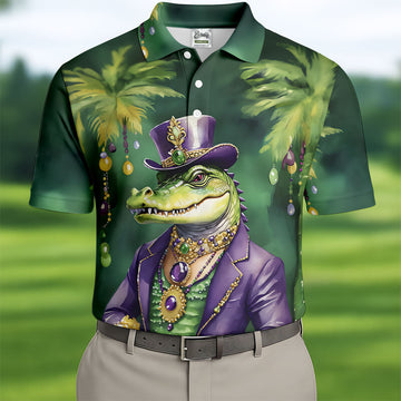 Mardi Gras Alligator Decorated Palm Tree Print Golf Shirt, Polo ShirtFor Men, Golf Shirts For Men