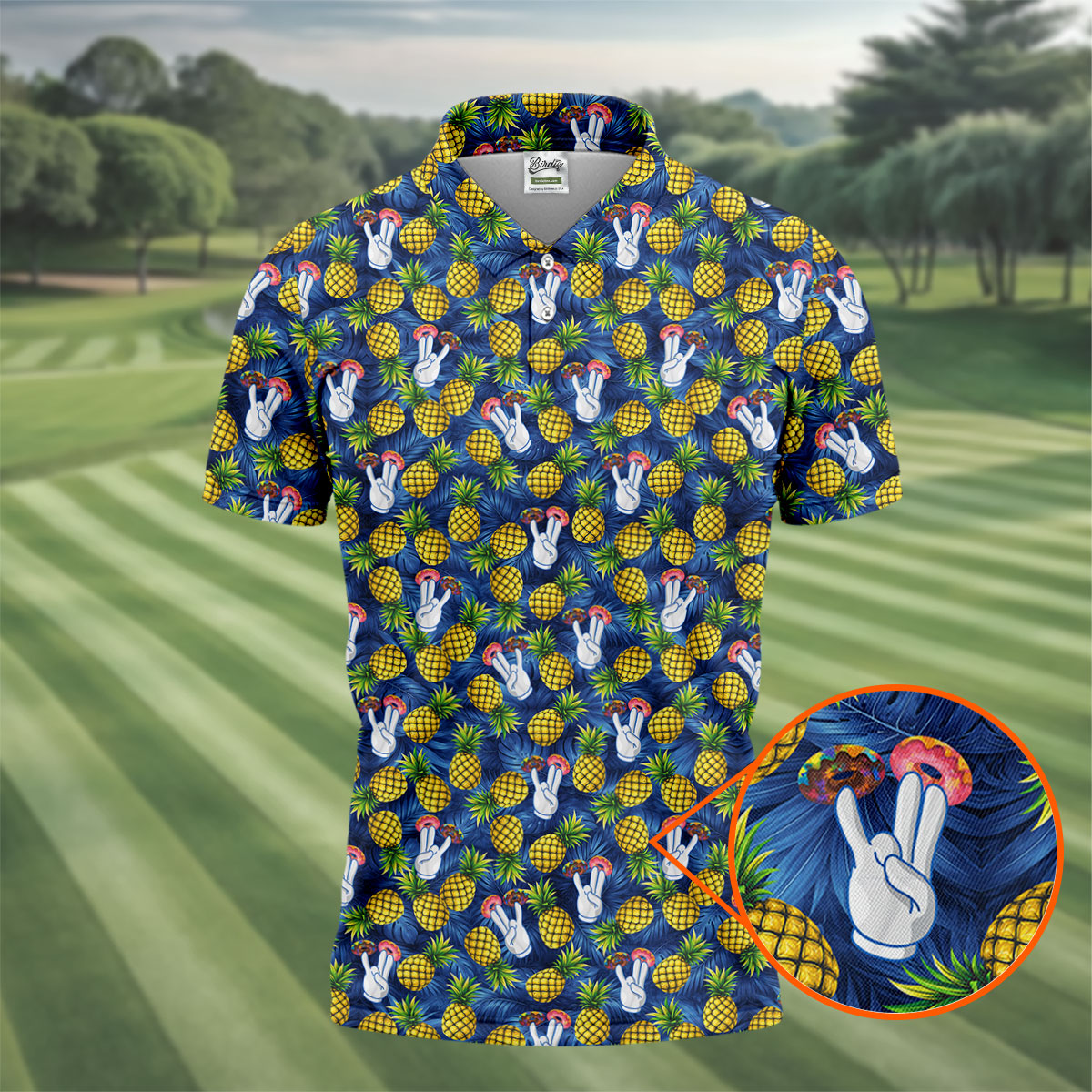 Hawaiian Pineapples Donut Finger Blue Green Yellow Fun Golf Shirts For Men, Polo ShirtFor Men