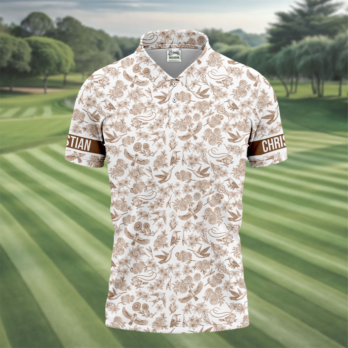 Custom Name Toile de Jouy Birds And Flowers Brown Golf Shirt, Polo ShirtFor Men, Golf Gift For Men