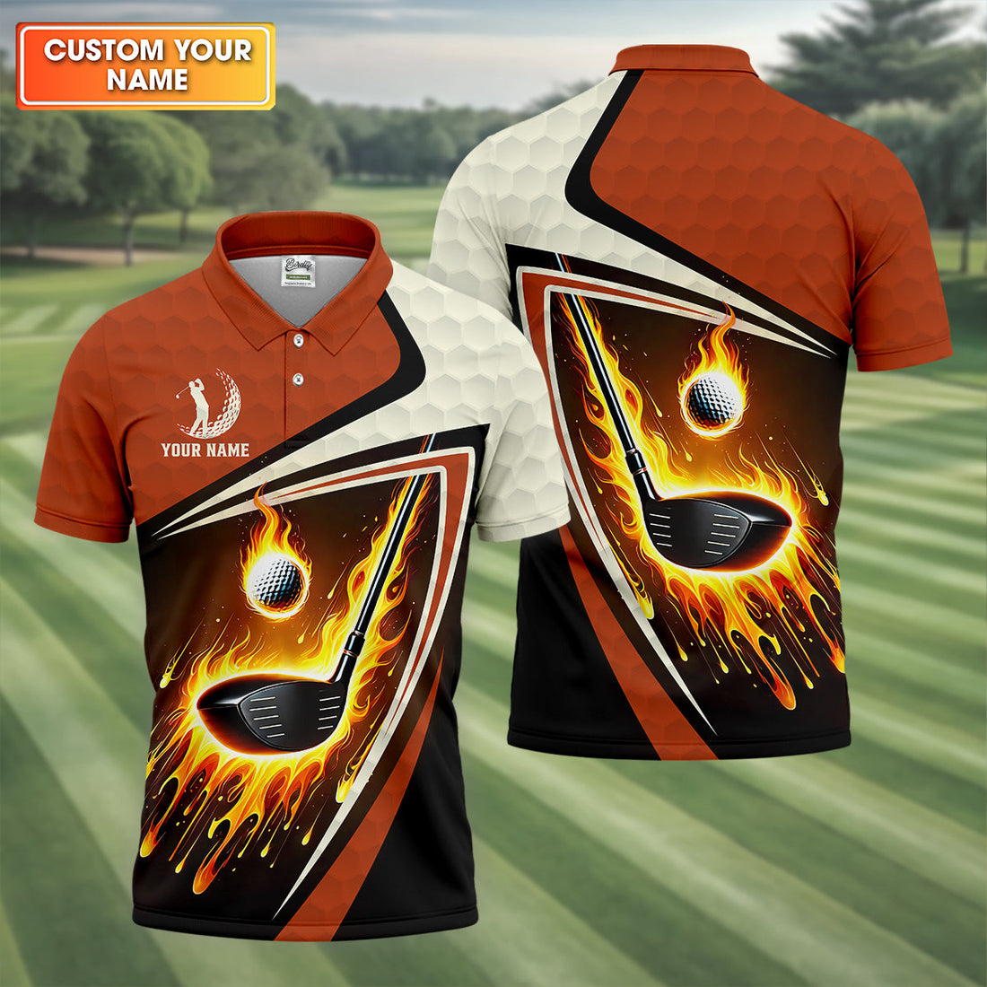 Fire Golf Ball Custom Men's Golf Polo ShirtFunny Golf Shirt, Christmas Golf Gift